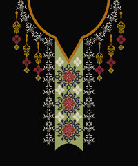 Yellow and red damask floral necklace with ethnic embroidery on a black background. Vector illustration. Design for neck border, shirt, and women's blouse.