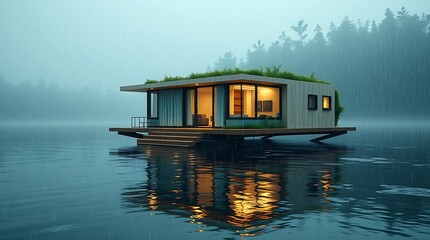 High-resolution stock photo of a floating eco-home in a wet, rainy scene. Drizzling rain, reflective surfaces, 3D rendering, commercial quality