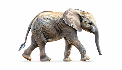 Obraz premium Adorable baby African elephant walking, isolated on white background. Perfect for children's books, wildlife documentaries, and educational projects.