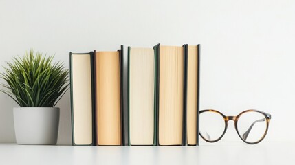 Naklejka premium Stack of Books with Plant and Glasses on White Background
