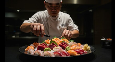 Professional chef preparing exquisite sashimi platter with fresh salmon tuna and other seafood raw