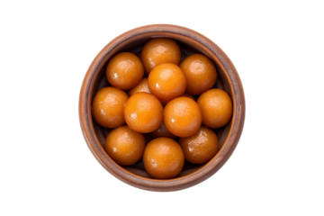 Top down view of Gulab Jamun in a wooden bowl, isolated background transparent background