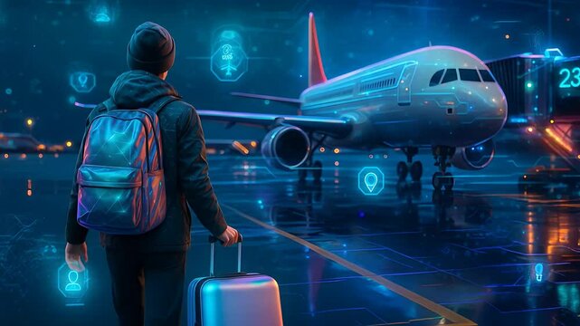 Futuristic Airport Traveler with Holographic Smart Travel Icons and Digital Flight Interface at Night

