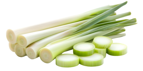 Isolated Lemongrass Stalks And Slices With Green And White Colors on Transparent Background