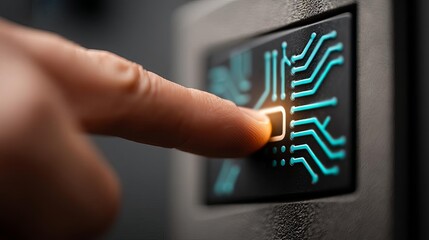 Close-up of a finger touching a circuit panel. Technology Innovation Creativity Concept