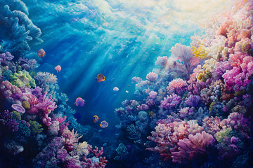 Naklejka premium Vibrant Ecosystem: A Kaleidoscope of Life on the Outer Reef in the Vast Blue Ocean