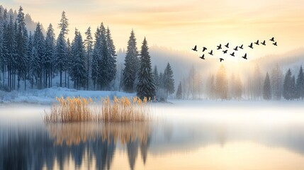 Obraz premium Serene Winter Landscape with Foggy Lake, Snow-Covered Trees, and Flying Birds