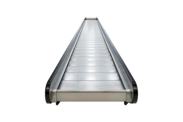Looking up towards a bright silver flat escalator on a transparent background