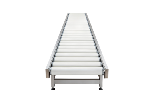 Longitudinal view of a roller conveyor with white rollers and gray frame transparent background