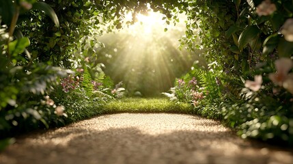 Fototapeta premium Serene Garden Pathway Surrounded by Lush Greenery and Light