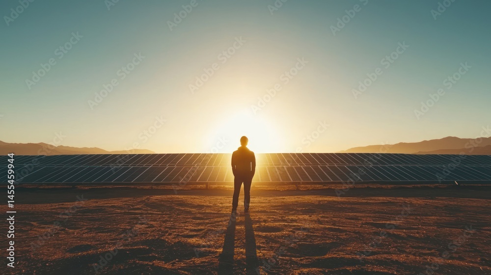 Wall mural person standing in front of a large solar array in a desert.