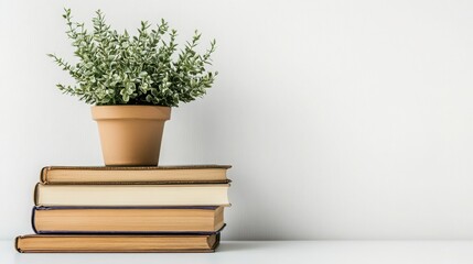 Stack of Books with Small Potted Plant