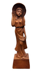 wooden statue of a woman wearing hat isolated