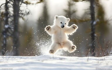 Playful Polar Bear Cub Leaping in Snowy Landscape