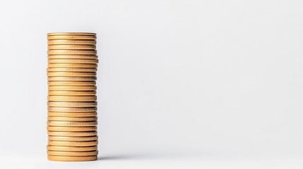A tall stack of gold coins is neatly arranged against a plain, light background.