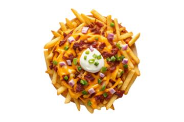 Overhead shot of loaded french fries covered in cheese and toppings transparent background