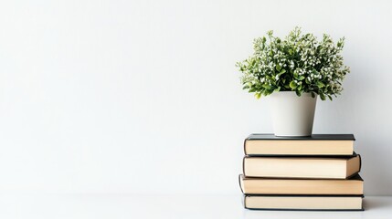 White Flower Pot on Stack of Books Against White Wall