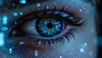 Closeup of eye with intricate details, showcasing vibrant blue iris surrounded by digital elements, reflecting technology and focus. image evokes sense of curiosity and wonder