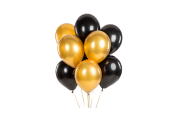 Elegant Bunch of Black and Gold Balloons for Celebrations on white Backdrop transparent background
