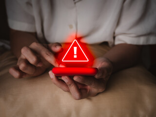 Hacker attack detection alert, sms fraud and scammer calls, fraudulent phone calls concept. Red...