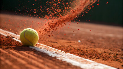 Tennis ball hitting the line on a clay court