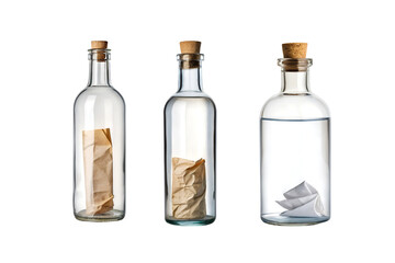 Three glass bottles with cork stoppers containing messages on a grey background transparent background