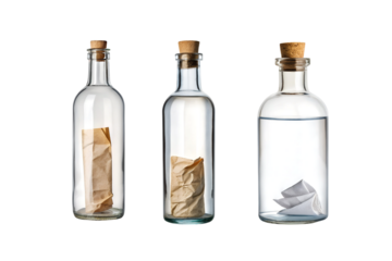 Three glass bottles with cork stoppers containing messages on a grey background transparent background
