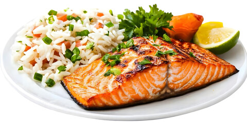 Isolated Photo of Delicious Grilled Salmon with Rice and Fresh Vegetables