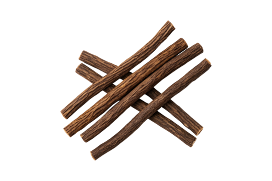 Pile of dark brown sticks arranged in a criss cross pattern on gray transparent background