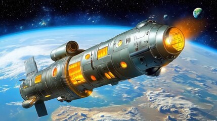 Obraz premium Extraterrestrial Starship Launching Beyond Earth's Orbit