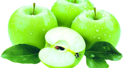 Isolated Photo Of Green Apples With Water Drops And Green Leaves