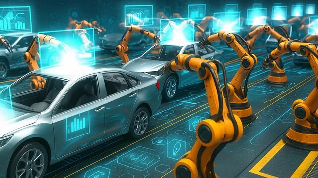 Robotic Arms Assembling Cars in Smart Factory Line Representing Futuristic Automotive Manufacturing and Industrial Automation

