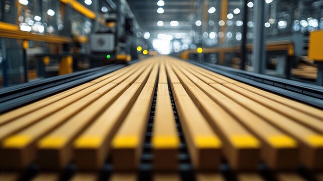 Wooden Beams on Conveyor Belt in Factory: Industrial Production of Timber