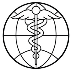 Caduceus Medical Symbol vector Silhouette illustration Global health caduceus over earth gridlines