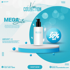 Social media product advertisement poster design. Blue color abstract empty podium design vector. 3D realistic cosmetics product sale social media poster design with a cylinder empty podium. 
