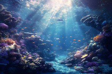 Obraz premium Vibrant Ecosystem: A Kaleidoscope of Life on the Outer Reef in the Vast Blue Ocean