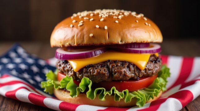 National burger day celebration juicy burger delight on american flag food photography festive environment close-up - Powered by Adobe