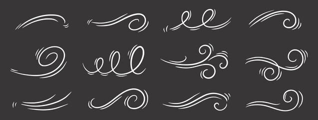 Wind line air swirl vector icon on chalkboard. Hand drawn doodle wind motion, air blow, swirl doodle elements. Sketch drawn air blow motion, smoke flow wave, abstract line. Vector illustration