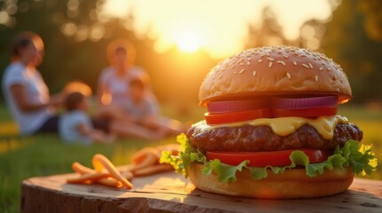 Savoring national burger day family picnic in the park delicious burger with fries sunset view outdoor experience