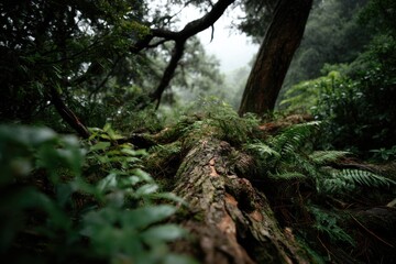 Fallen Log in Lush Green Forest: A Moody Nature Photograph