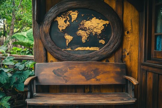 Intricately Crafted Wooden Bench Beneath a Striking World Map Artwork Sculpture.