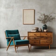 Stylish room featuring a teal chair and wooden dresser.