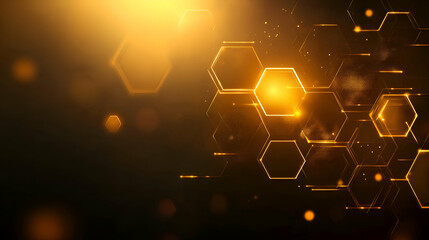 Obraz premium Abstract golden hexagon pattern, glowing network, technology background. Ideal for presentations, websites, and tech-related designs.