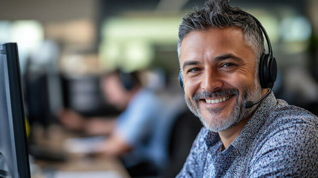 A customer service agent smiling while chatting with client via headset in modern office environment with blurred background