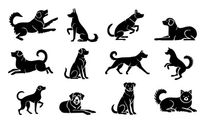 Dog silhouette playful poses vector set black in white background.Element collection stance different canine shadow illustration isolated flat style.Design for icon,sticker,logo,brand,package,decorate