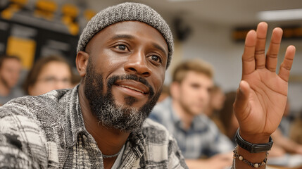 Engaged teacher smiling and raising hand in diverse classroom  