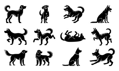 Dog silhouette playful poses vector set black in white background.Element collection stance different canine shadow illustration isolated flat style.Design for icon,sticker,logo,brand,package,decorate