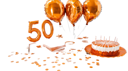 Isolated Photo of 50 Gold Balloons and Cake on Transparent Black Background