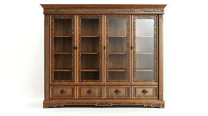 A large wooden cabinet with four glass doors and four drawers