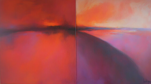 Fiery sunset over calm water, diptych painting, abstract landscape art for home decor